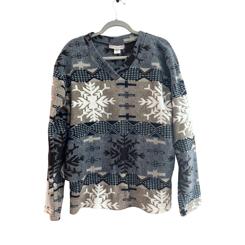 Vintage American Spirit Fleece V Neck Pullover Gray Tan Snowflakes-Size XL